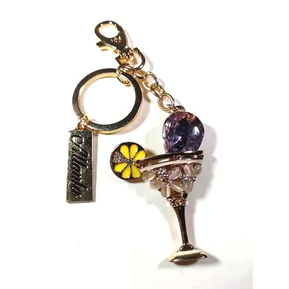 Atlanta Martini Glass Rhinestone Rose Gold Tone Bling Keychain - Picture 2 of 6